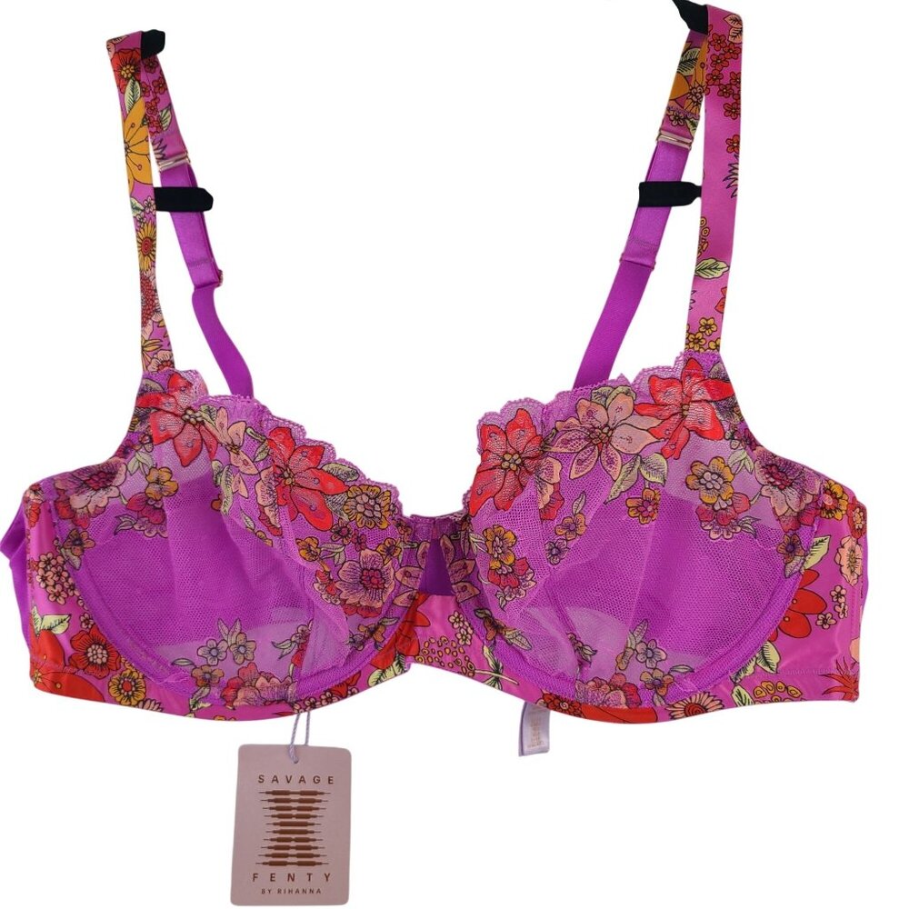 NWT Savage X Fenty Heavy Pink Floral Play Lace Balconette Bra Sz 40D